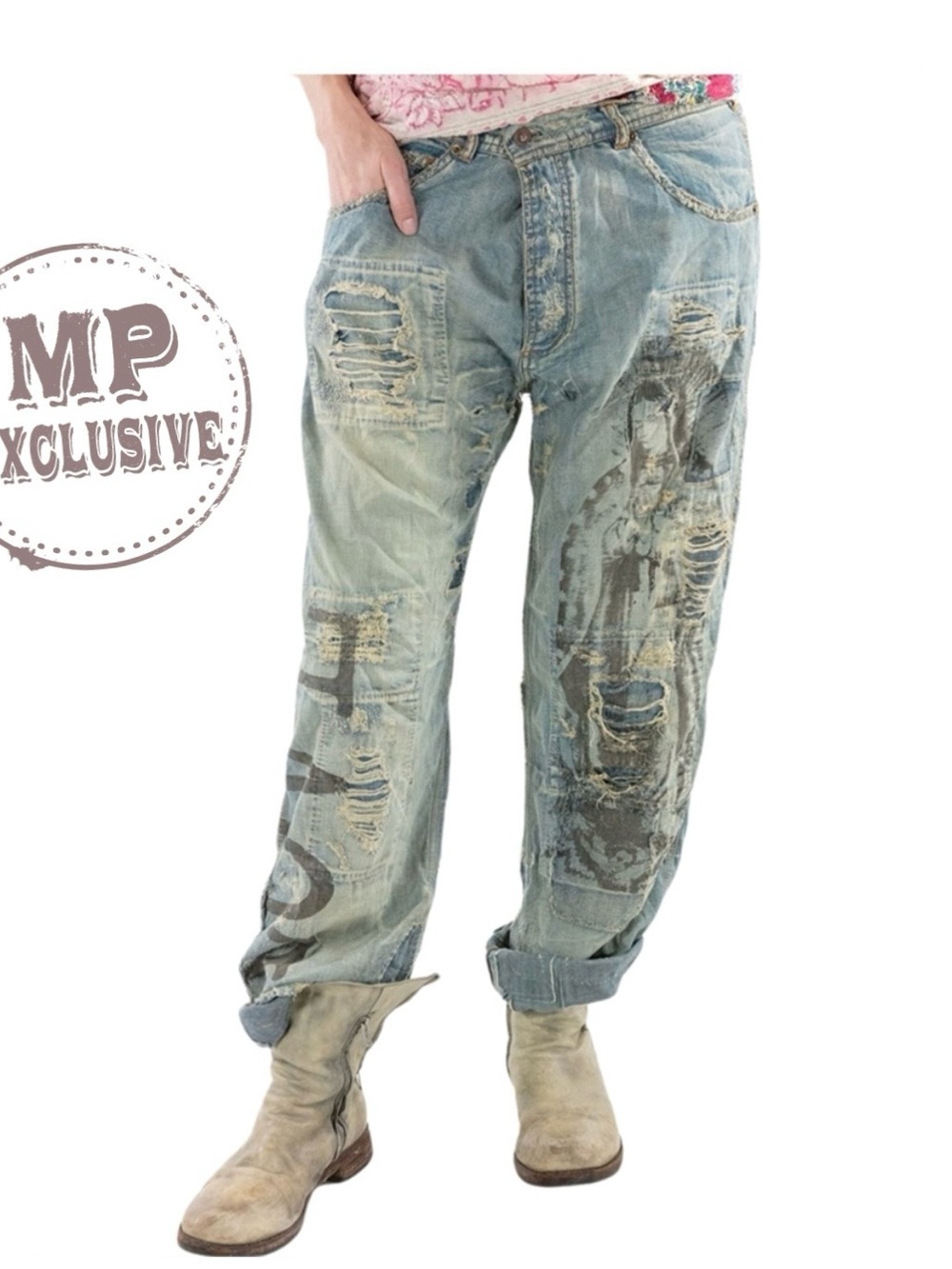 Magnolia Pearl Guadalupe Ranchero Light Blue Distressed Jeans with Graphic Print